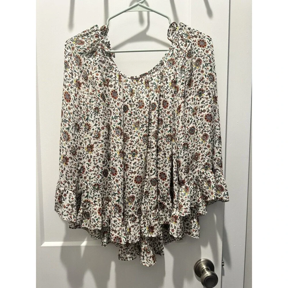 Tory Burch Floral Ruffle Peasant Blouse Women’s 3/4 Sleeve Boho Square Neck Top